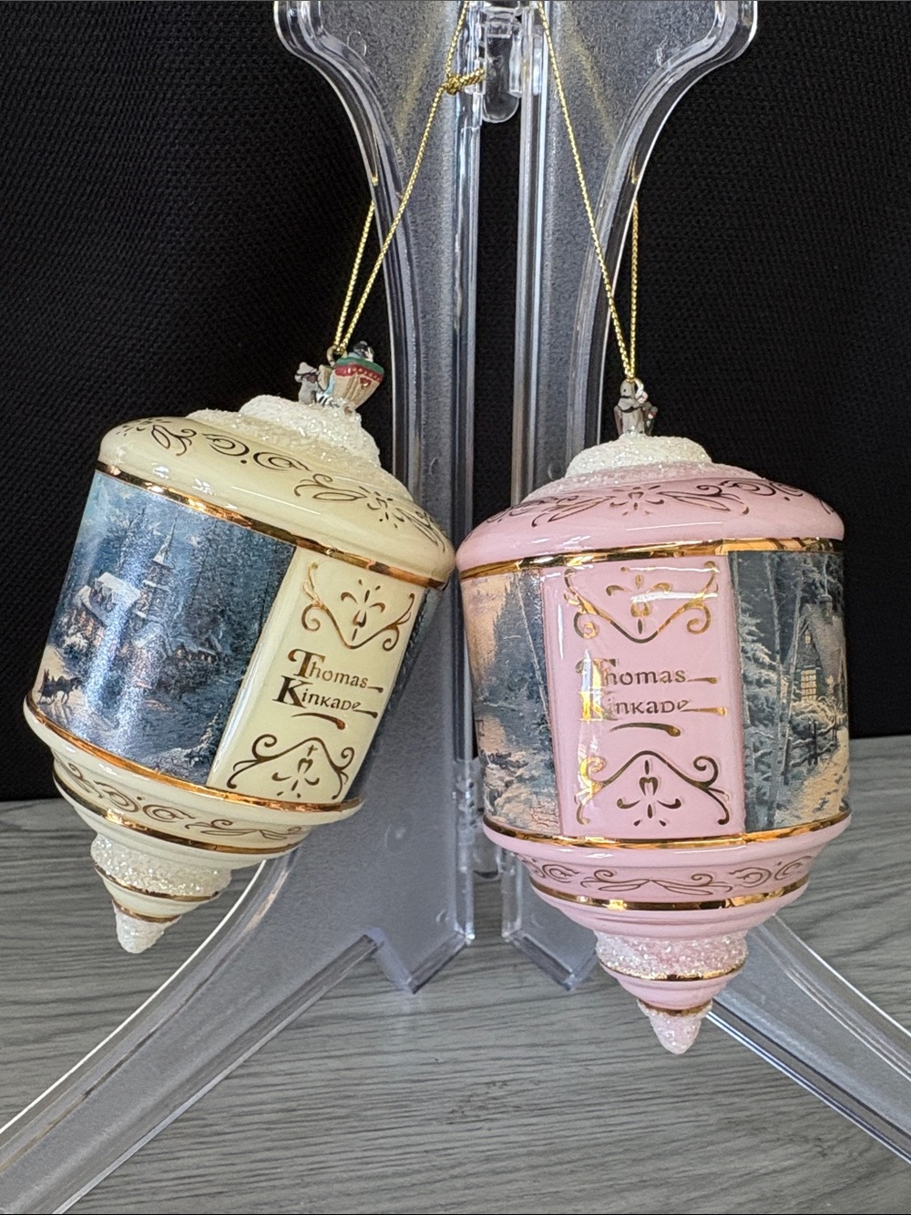 Victorian Thomas Kinkade Pink and Cream Holiday Spinning Ornaments